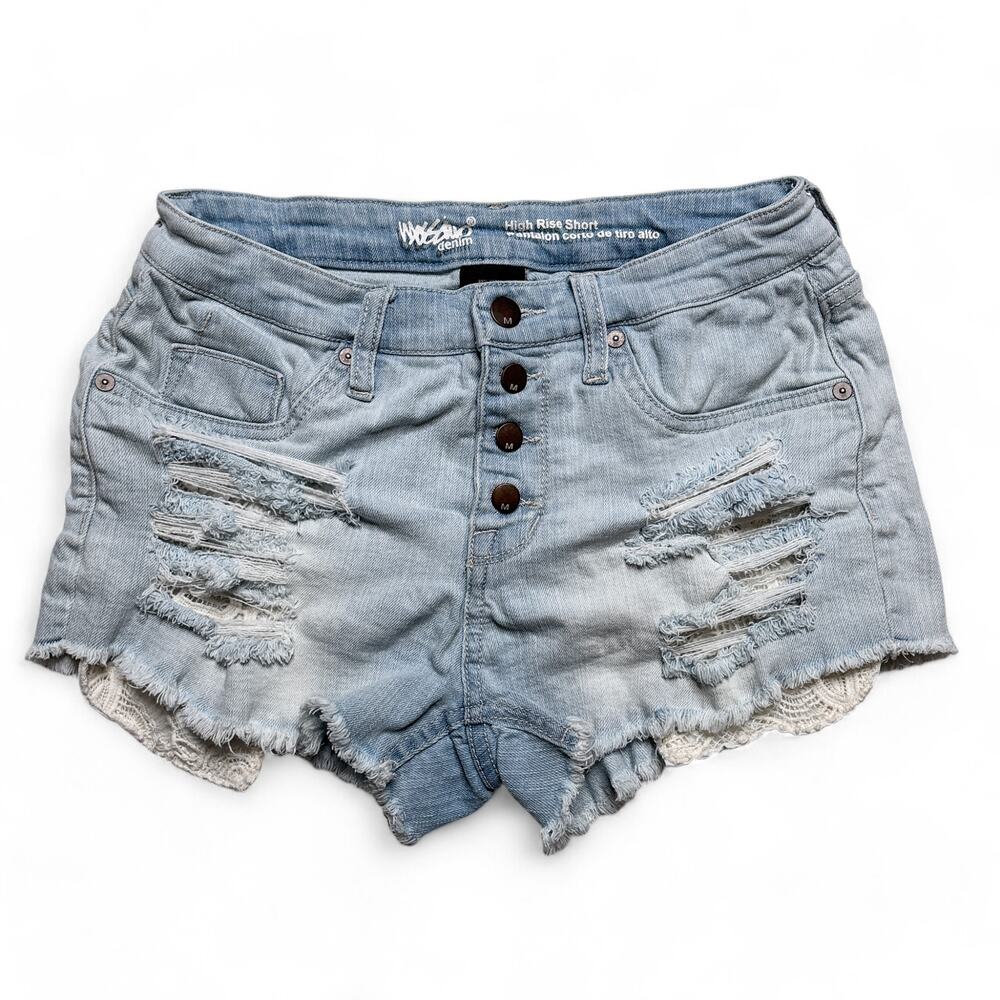 Mossimo Distressed High Rise Denim Shorts Distressed Crochet Pocket Light Wash 6